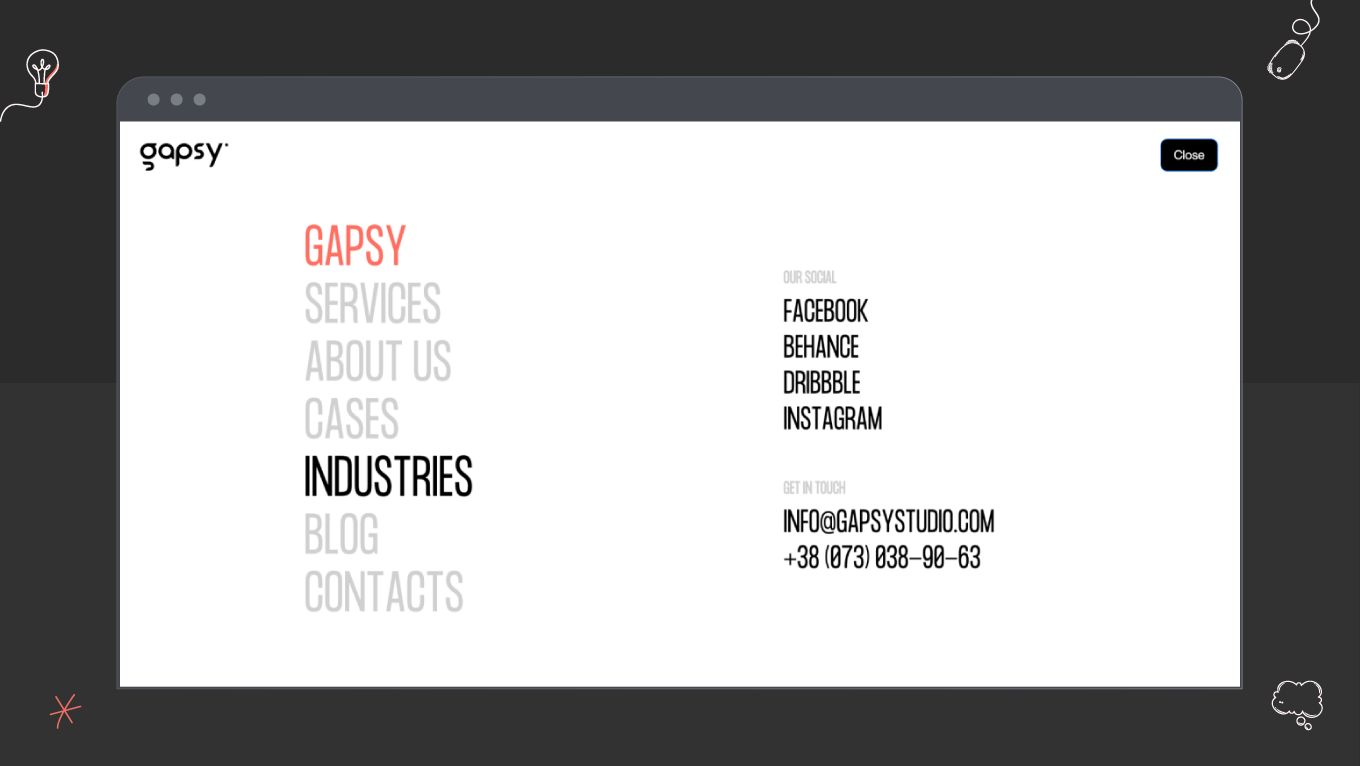 gapsy studio navigation menu