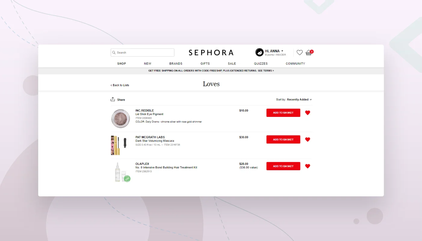 e-commerce website design wish list of features example